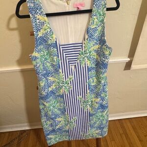 Blue & Green Palm Print Sheath Dress with Striped V-Panel